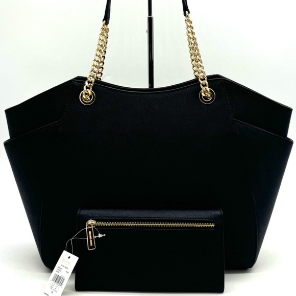 Michael Kors JST Large Chain Shoulder Tote Bag & Trifold Wallet Black/Gold - Picture 4 of 12
